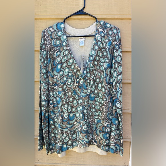 NWT- Chicos  Cardigan Long Sleeve Sweater One Button Peacock Pattern Sparkle - Picture 2 of 8